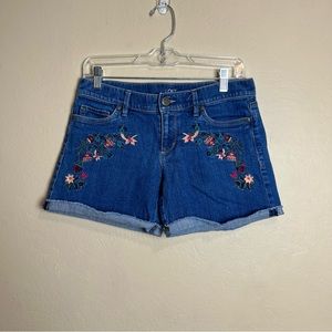 Ann Taylor LOFT Floral Embroidered Denim Blue Jean Shorts Size 00‎
